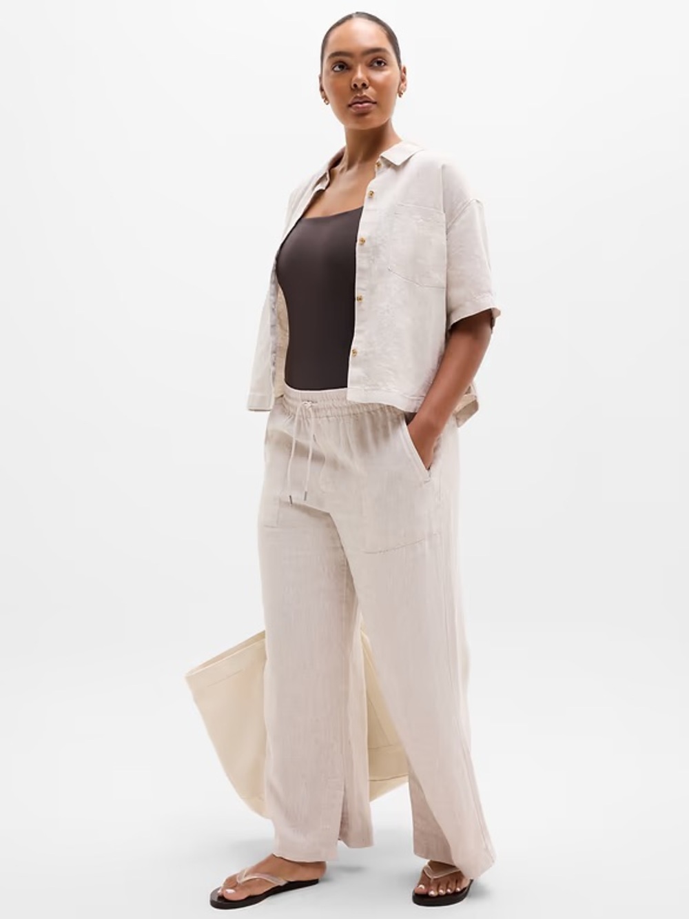 Athleta Cream Wide-Leg Linen-Blend Pants with Brown Tank